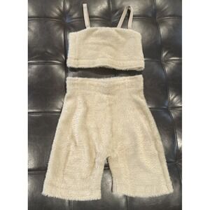Gymshark x Whitney Women Fuzzy Size XS Eyelash Knit Bandeau & Shorts Set Cement